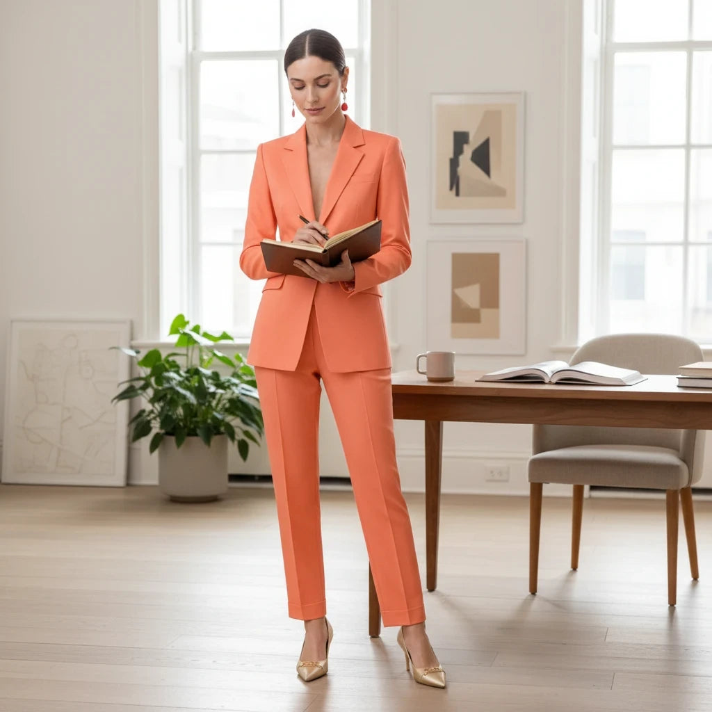 pikywiky orange tailored single-breasted blazer and slim-fit trouser suit set worn by a woman in a bright office