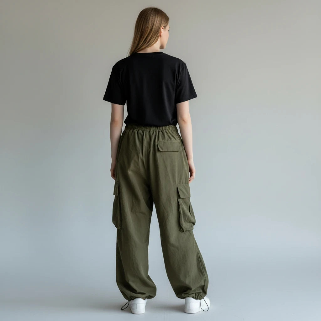 Back view of Pikywiky olive green high-waisted wide leg cargo pants