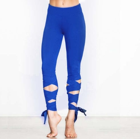 pikywiky royal blue polyester yoga leggings with crisscross bandage tie-up detail at the ankles for fitness