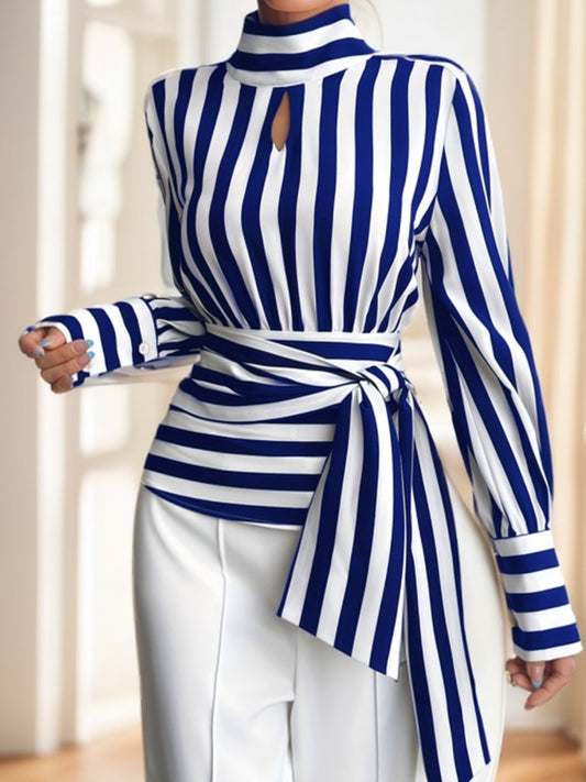 Women's Striped Tie-Waist Long-Sleeve Top | Pikywiky