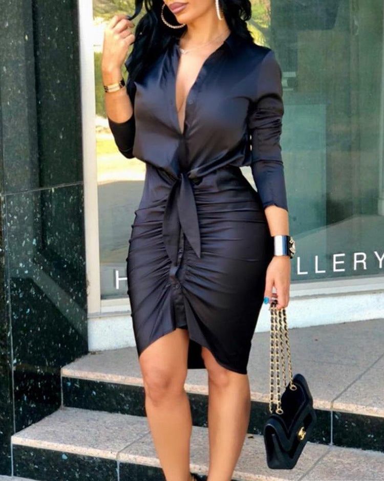 Women's Long Sleeve Tie-Waist Ruched Midi Shirt Dress | Pikywiky, photo 4