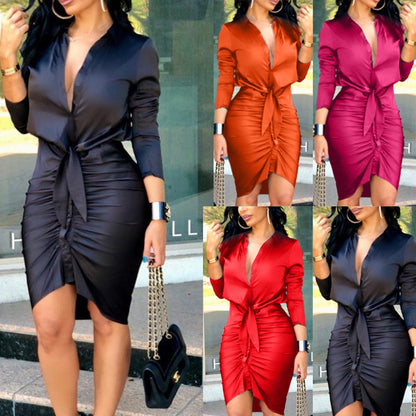 Women's Long Sleeve Tie-Waist Ruched Midi Shirt Dress | Pikywiky