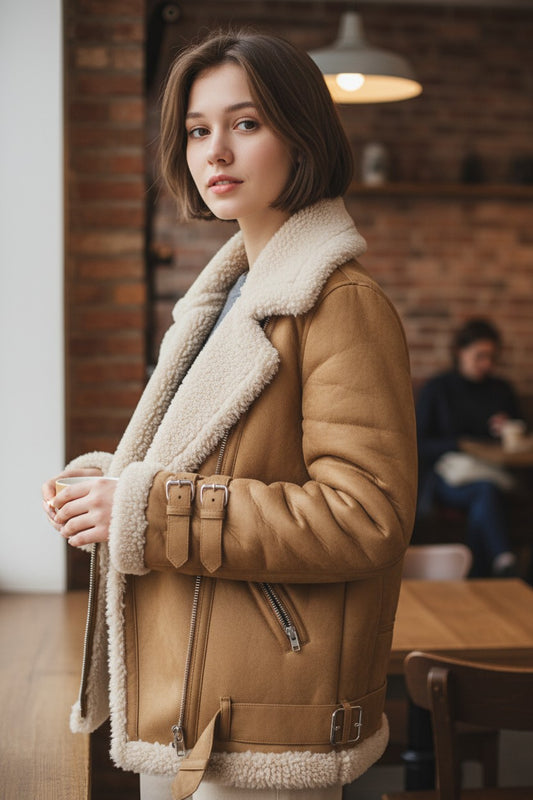 Women's Faux Shearling Aviator Jacket | Pikywiky