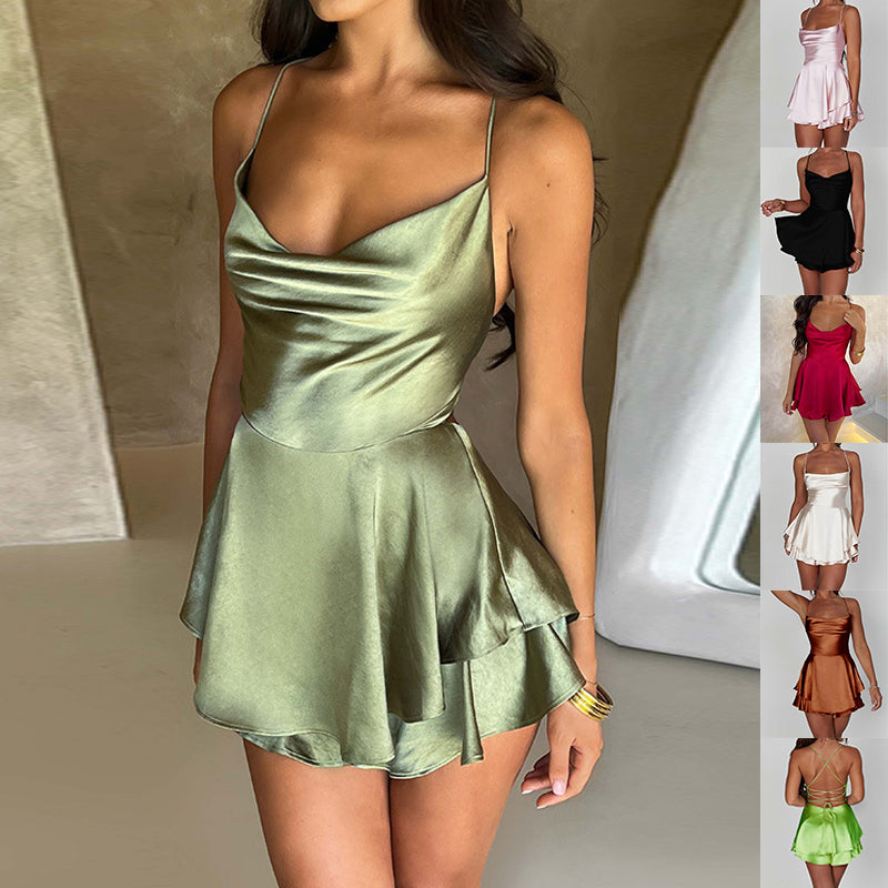 Women's Satin Lace-Up Backless A-Line Mini Slip Dress | Pikywiky