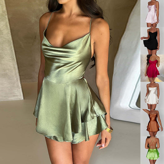 Women's Satin Lace-Up Backless A-Line Mini Slip Dress | Pikywiky