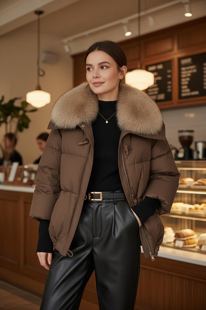 Women's Short Padded Winter Jacket with Faux Fur Collar | Pikywiky