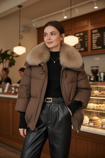 Women's Short Padded Winter Jacket with Faux Fur Collar | Pikywiky