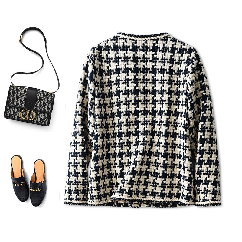 Women's Navy Houndstooth Collarless Jacket | Pikywiky, photo 4
