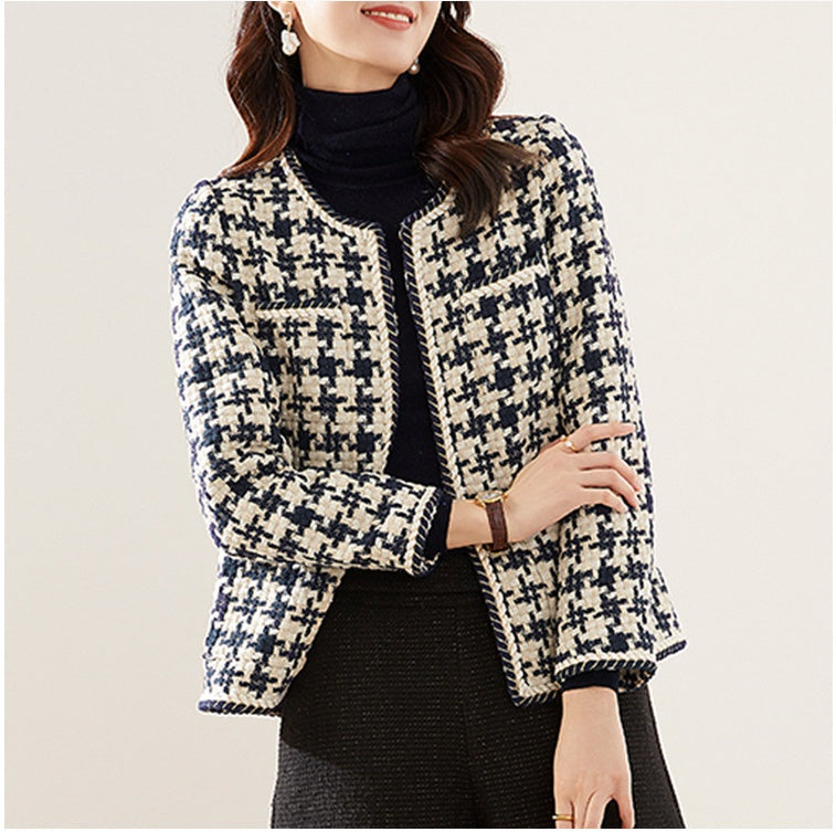 Women's Navy Houndstooth Collarless Jacket | Pikywiky