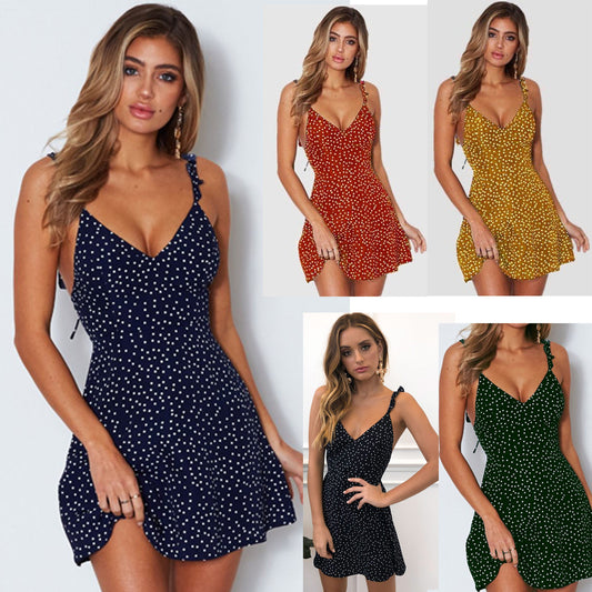 Women's Polka Dot V-Neck Strappy Sundress | Pikywiky