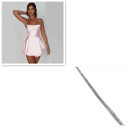 Women's Satin Lace-Up Backless A-Line Mini Slip Dress | Pikywiky, photo 18