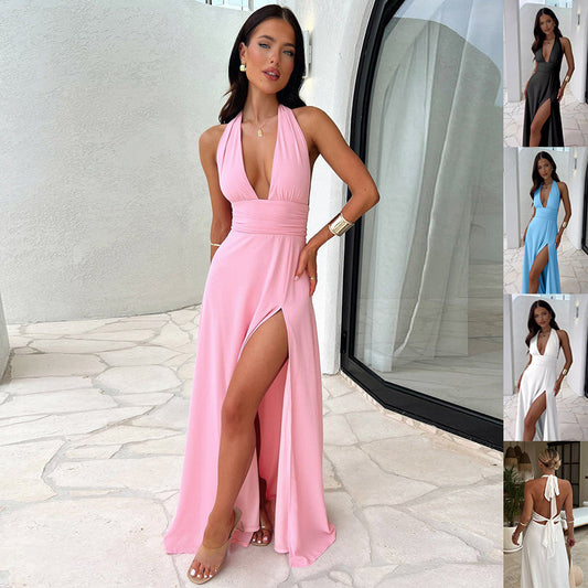 Women's Halter V-Neck Backless Slit Maxi Dress | Pikywiky
