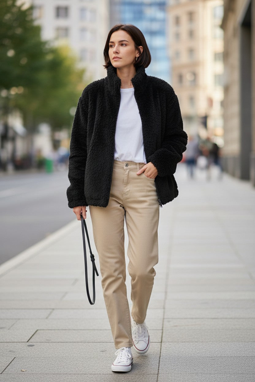 Women's Double-Faced Fleece High Neck Cardigan | Pikywiky