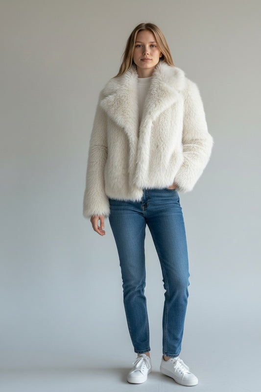 Women's Fluffy Faux Fur Cropped Lapel Jacket | Pikywiky