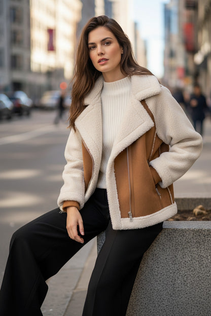 Women's Suede & Fleece Shearling Biker Jacket | Pikywiky, photo 5