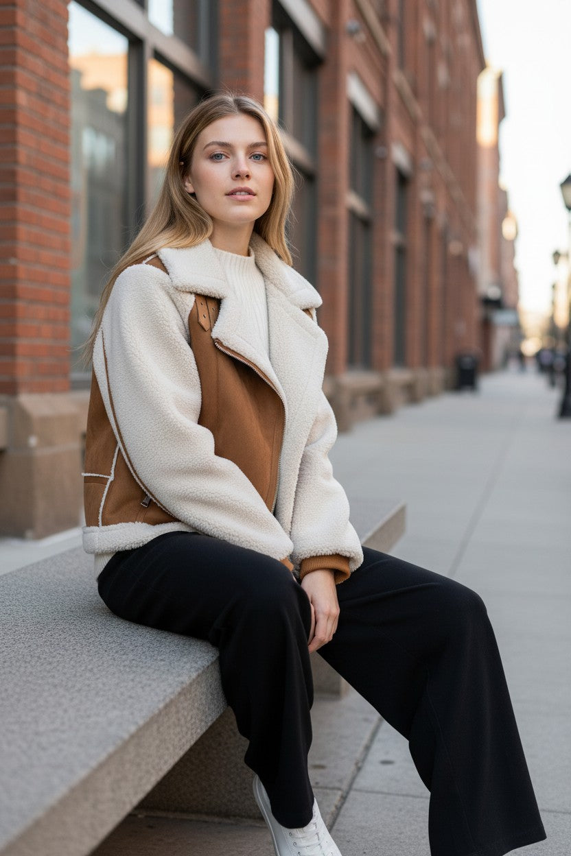 Women's Suede & Fleece Shearling Biker Jacket | Pikywiky, photo 4