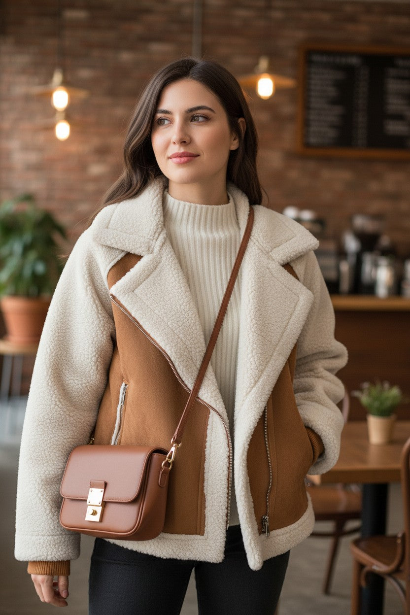 Women's Suede & Fleece Shearling Biker Jacket | Pikywiky