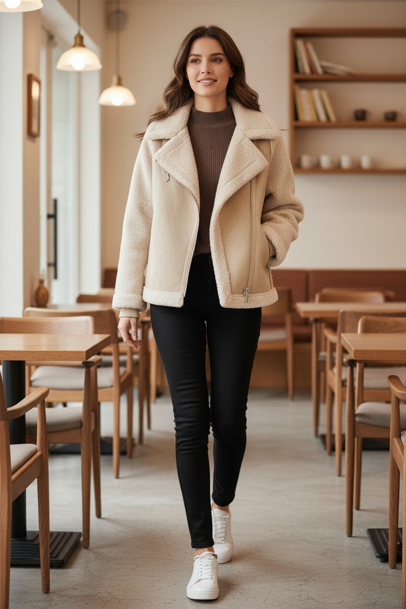 Women's Suede & Fleece Shearling Biker Jacket | Pikywiky, photo 8