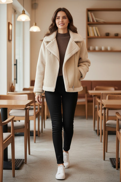 Women's Suede & Fleece Shearling Biker Jacket | Pikywiky, photo 8