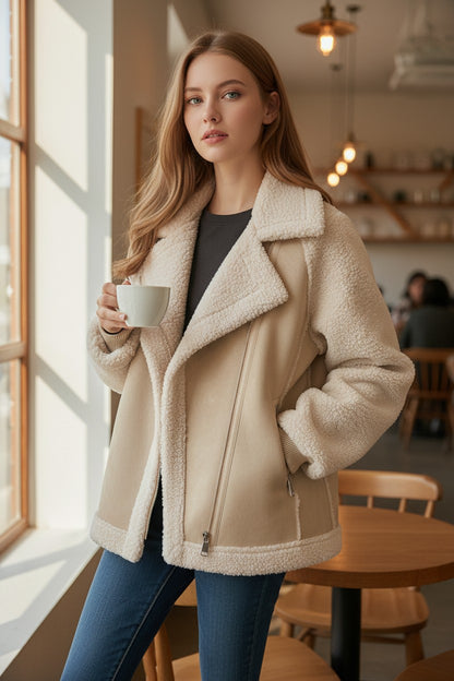 Women's Suede & Fleece Shearling Biker Jacket | Pikywiky, photo 2