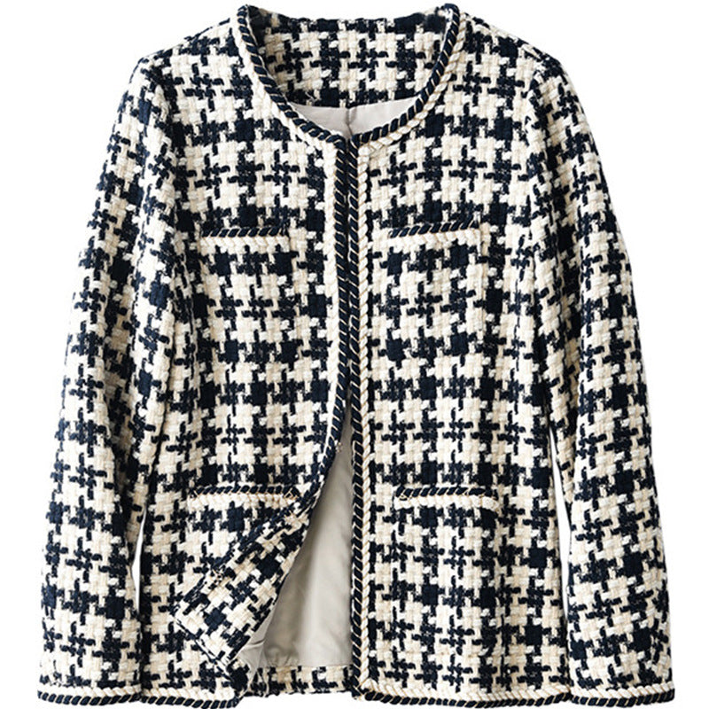Women's Navy Houndstooth Collarless Jacket | Pikywiky, photo 2