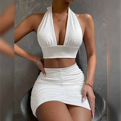 Women's Halter Lace-Up Crop Top & Pleated Mini Skirt Set | Pikywiky, photo 2