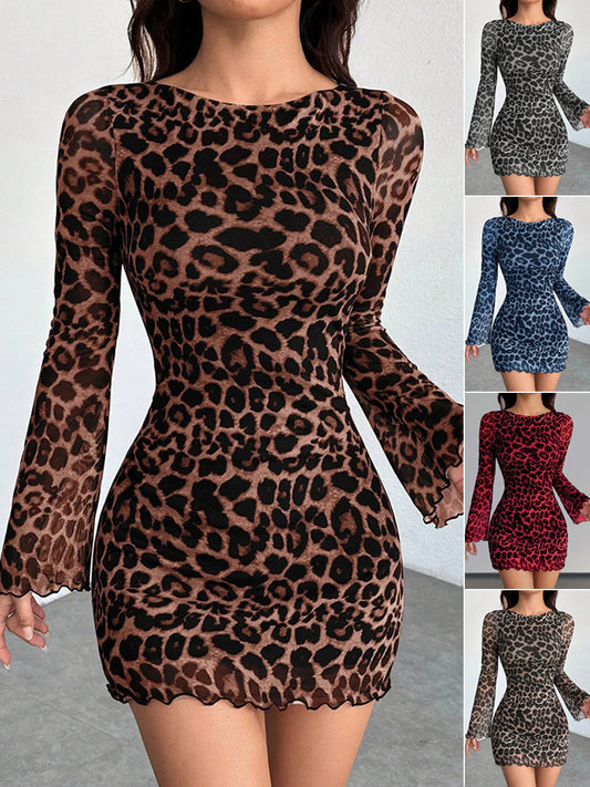 Women's Leopard Print Long Sleeve Mesh Mini Dress | Pikywiky