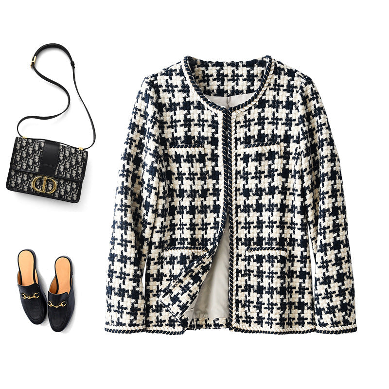 Women's Navy Houndstooth Collarless Jacket | Pikywiky, photo 3