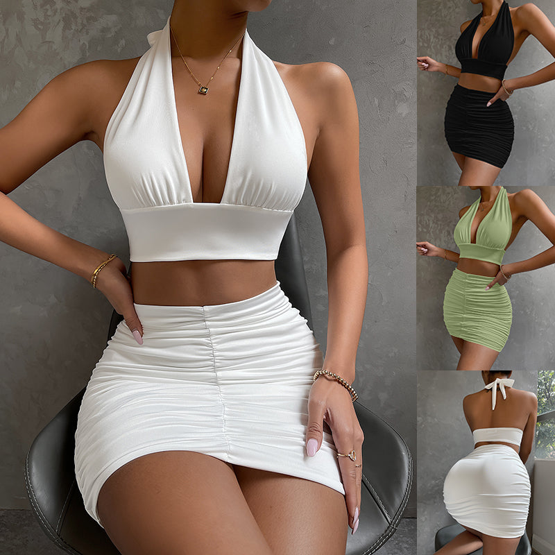Women's Halter Lace-Up Crop Top & Pleated Mini Skirt Set | Pikywiky