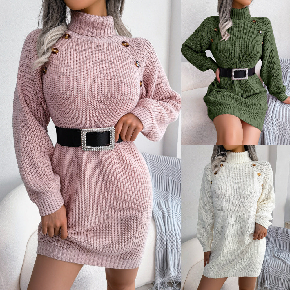 Women's Turtleneck Button-Detail Knit Sweater Dress | Pikywiky