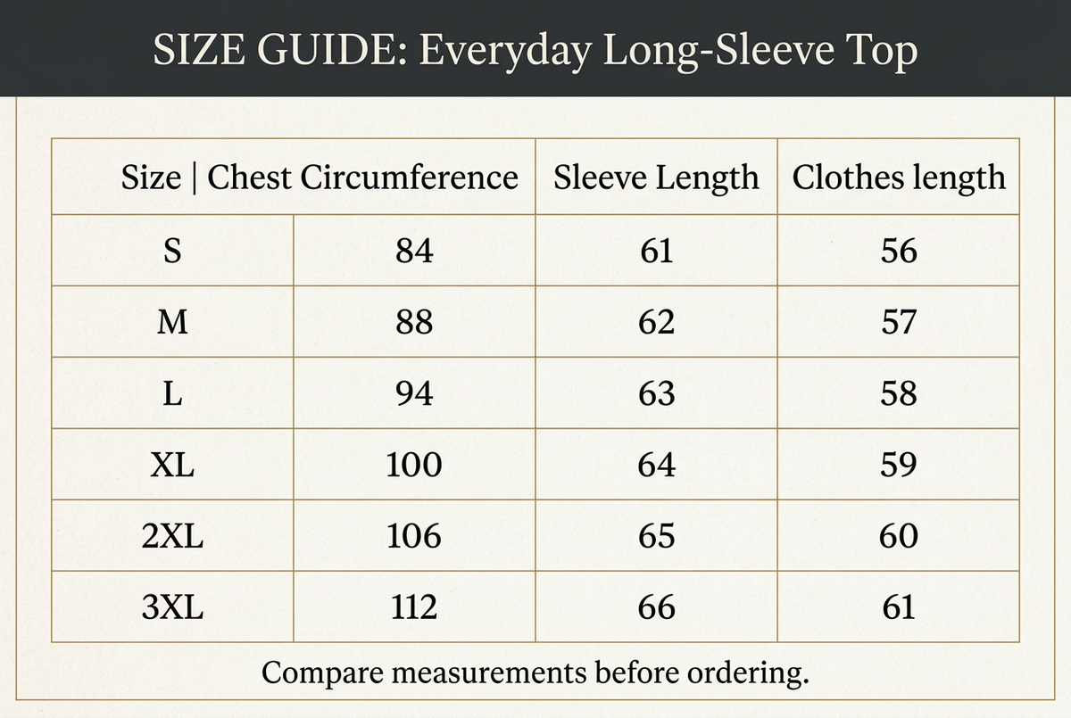 Everyday long-sleeve top size chart