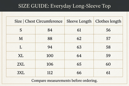 Everyday long-sleeve top size chart