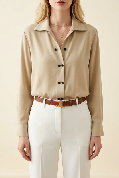 Khaki top in a fresh boutique studio setting