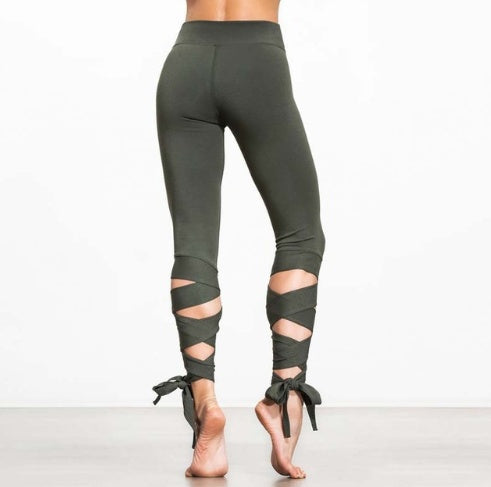 pikywiky army green yoga leggings with crisscross bandage tie-up detail at the calves for fitness and dance