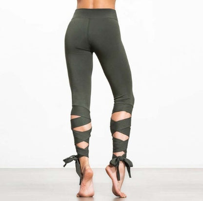 pikywiky army green yoga leggings with crisscross bandage tie-up detail at the calves for fitness and dance