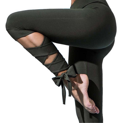 pikywiky army green polyester yoga leggings featuring stylish bandage tie-up detail at the calf for fitness