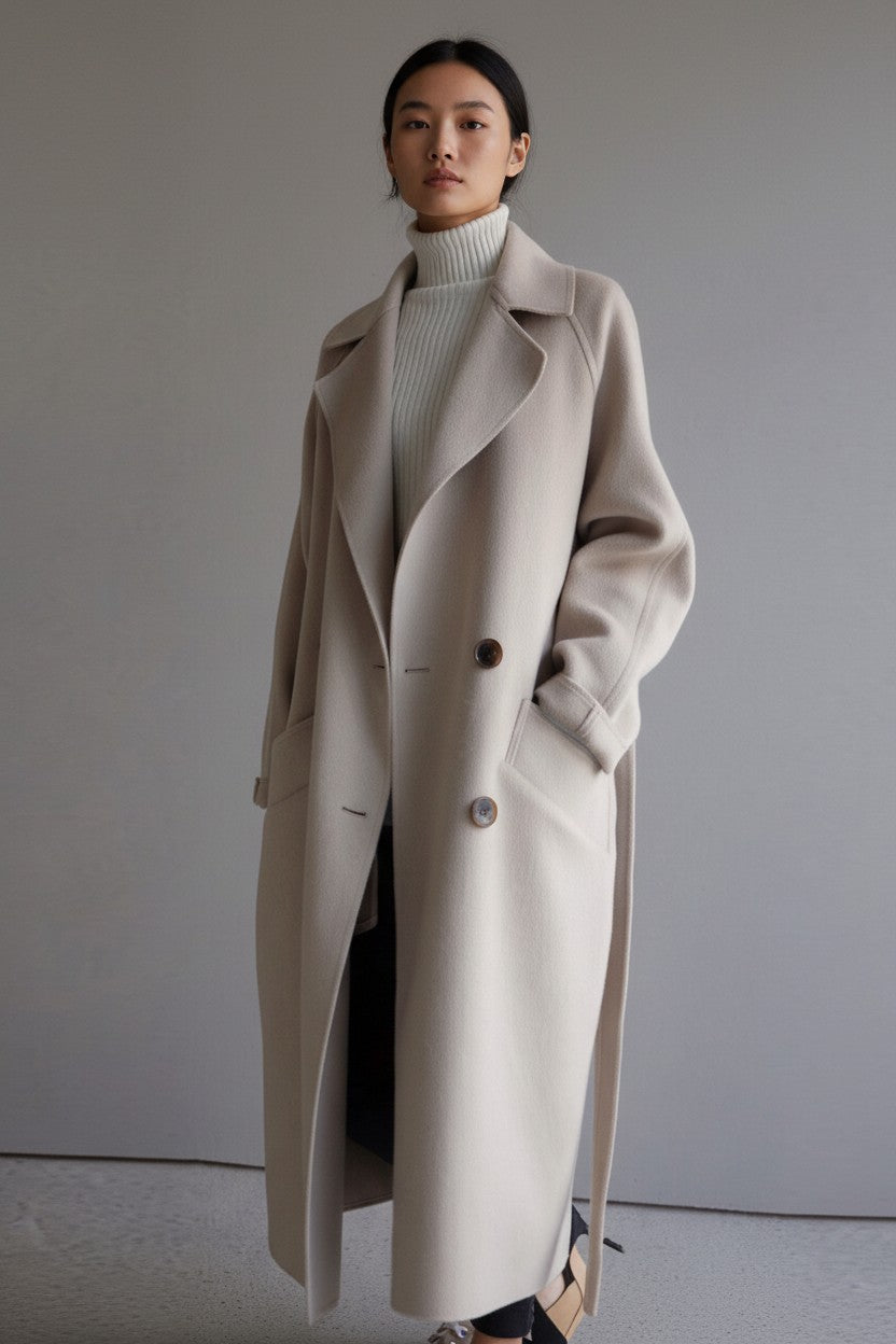 pikywiky beige cashmere lapel coat worn by a model over a white ribbed turtleneck sweater
