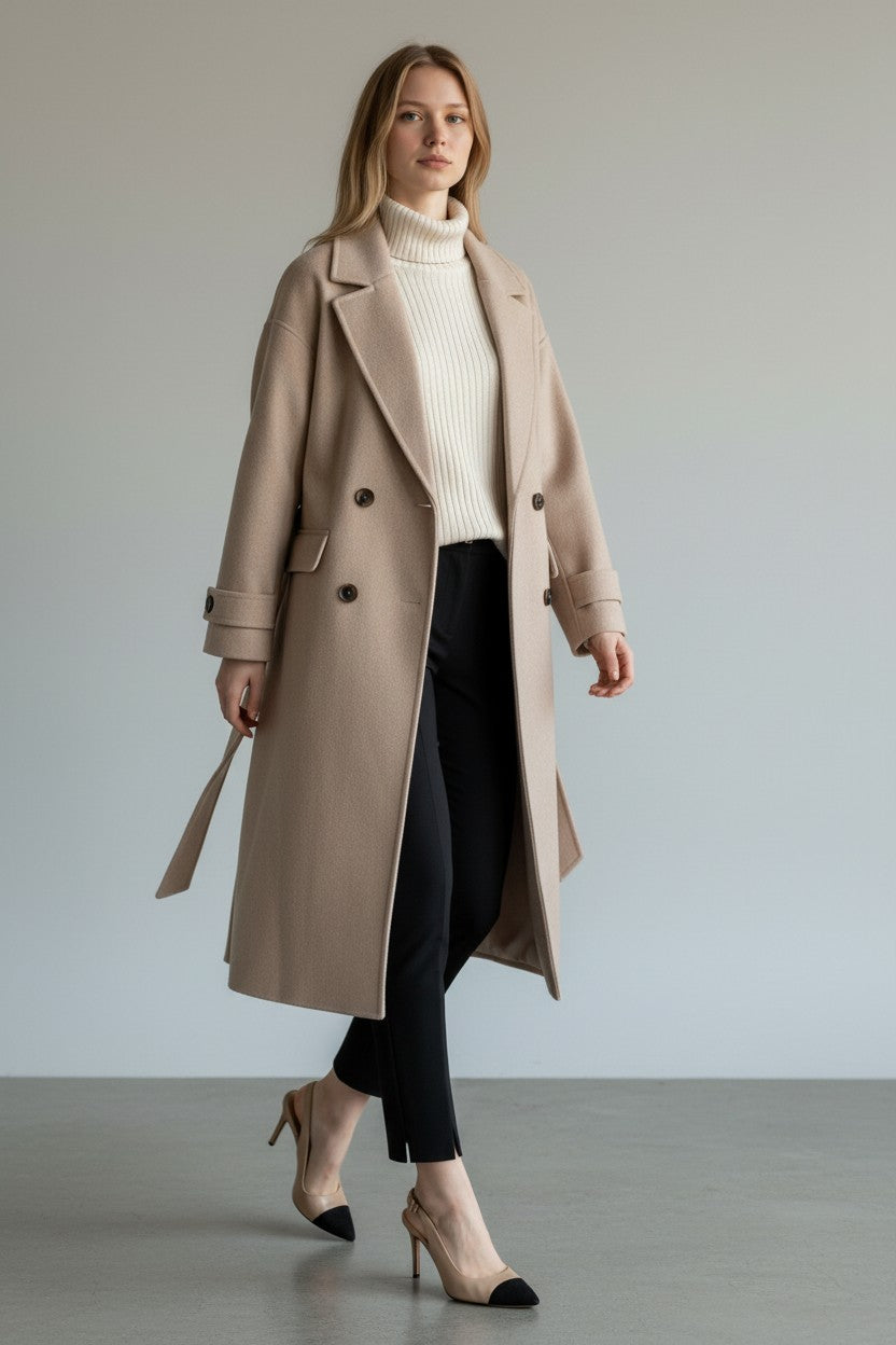 pikywiky beige cashmere lapel coat worn by a model with a white turtleneck and black trousers