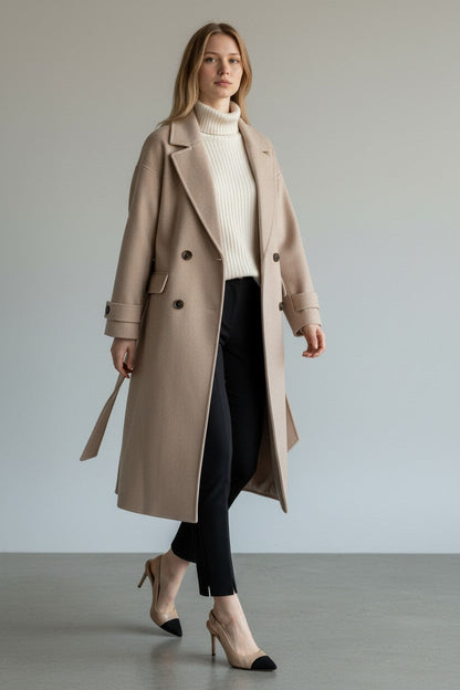 pikywiky beige cashmere lapel coat worn by a model with a white turtleneck and black trousers