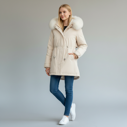 pikywiky beige puffer jacket with a plush faux fur hood, worn by a blonde model with blue jeans and white sneakers.