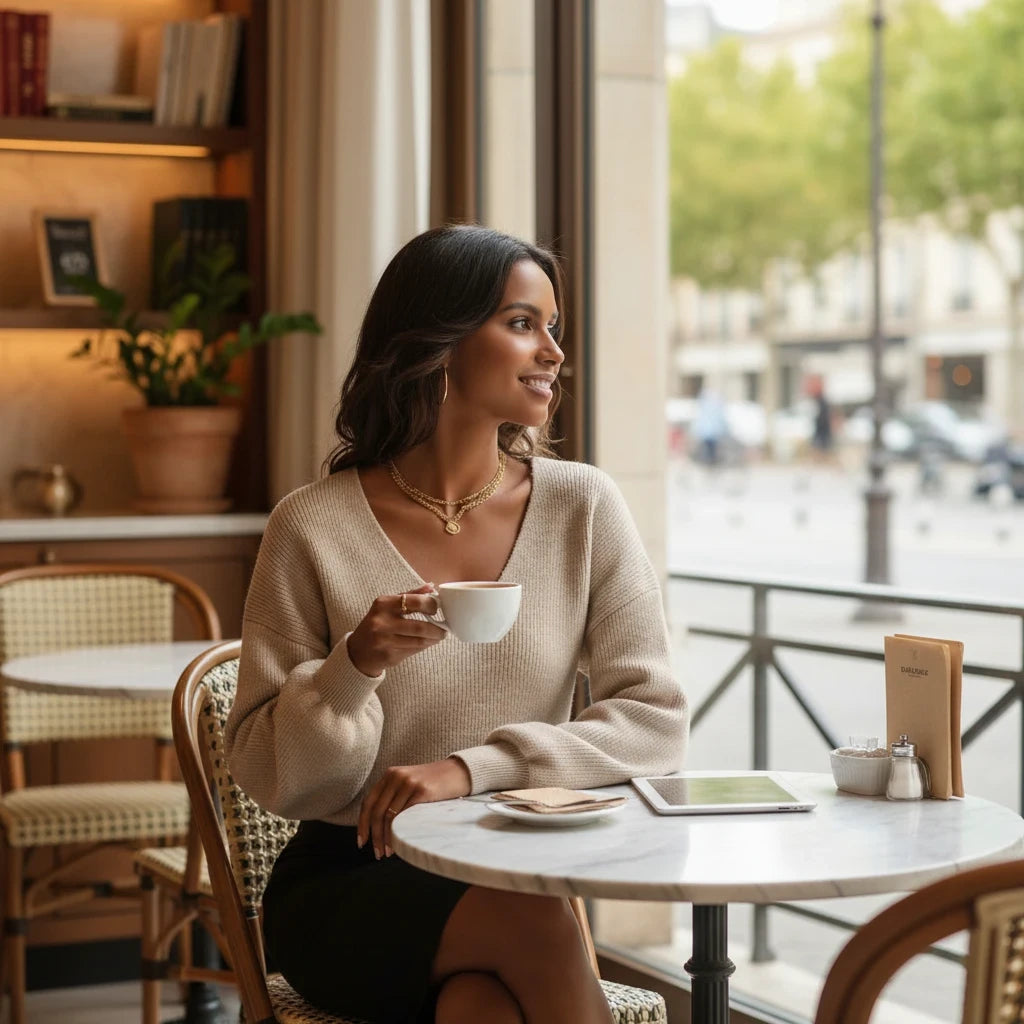 pikywiky beige ribbed knit V-neck sweater worn by a woman holding a coffee cup at a cafe table