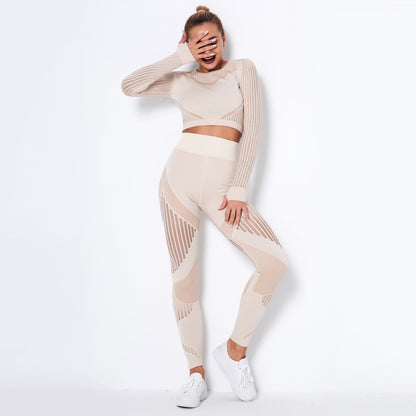 pikywiky beige seamless long sleeve crop top and high-waisted leggings athletic set with mesh detailing