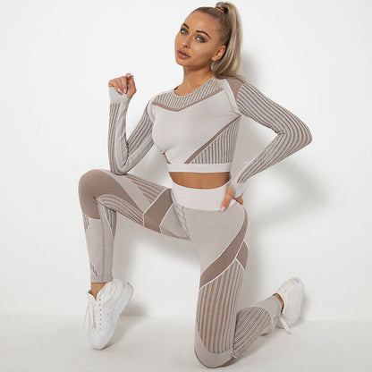 pikywiky beige seamless long sleeve crop top and high-waisted leggings athletic set with mesh detailing