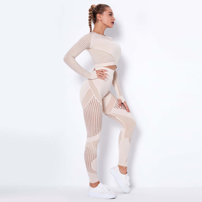 pikywiky beige seamless long sleeve crop top and high-waisted leggings athletic set with mesh detailing on a model