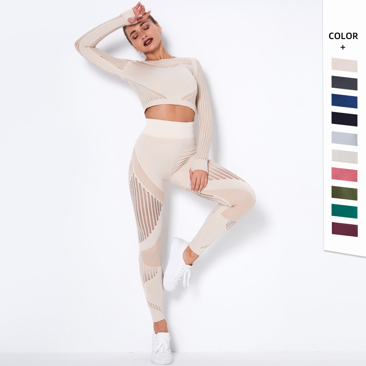 pikywiky beige seamless long sleeve crop top and high-waisted leggings set with mesh detailing on a female model