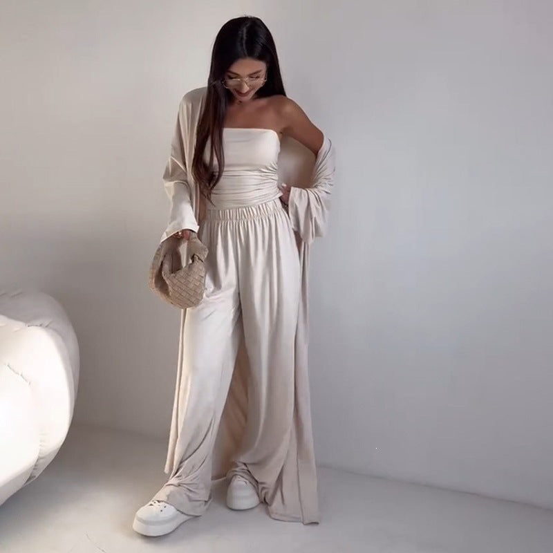 pikywiky beige three-piece lounge set with strapless tube top, wide-leg pants, and long cardigan on a woman