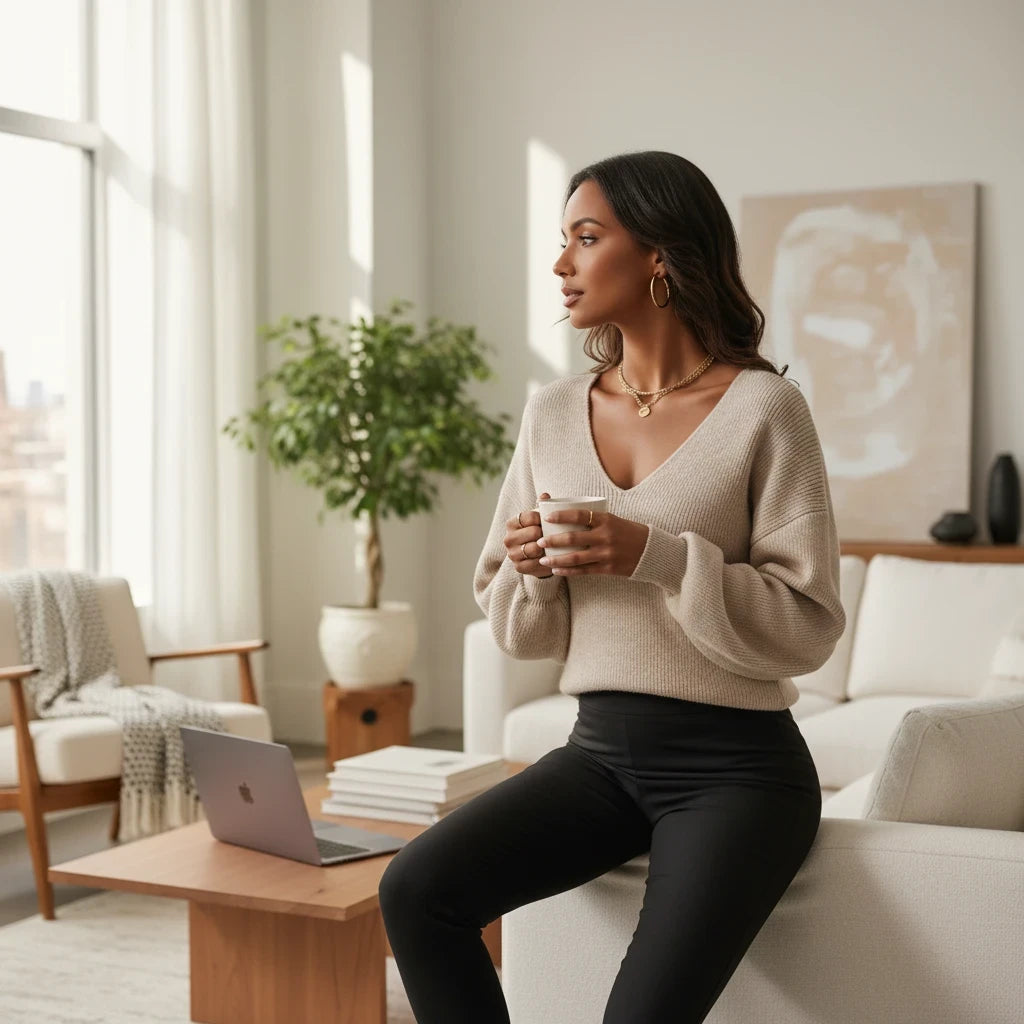 pikywiky beige V-neck ribbed knit sweater worn by a woman holding a coffee mug in a bright, modern living room