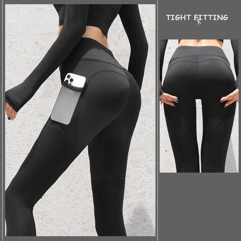 pikywiky black high-waisted athletic leggings with side phone pocket and sculpting contour seams for a lifted look