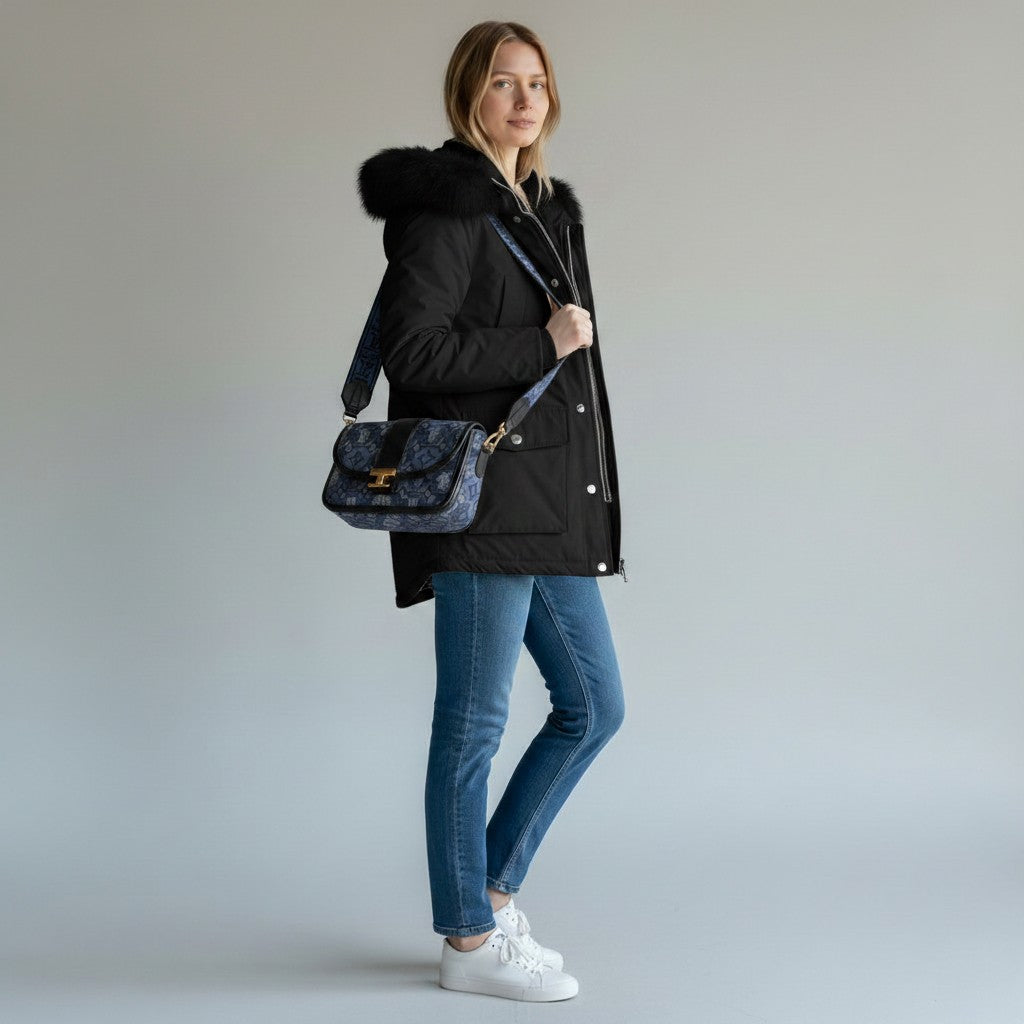 pikywiky black faux fur hooded puffer jacket worn by a woman with blue jeans and a patterned crossbody bag