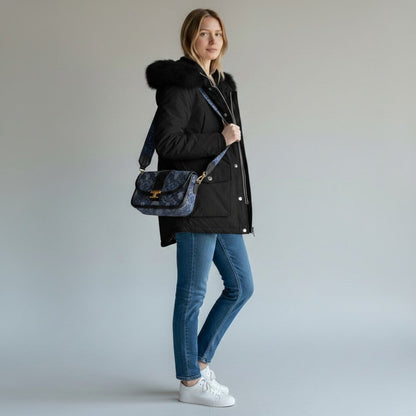 pikywiky black faux fur hooded puffer jacket worn by a woman with blue jeans and a patterned crossbody bag